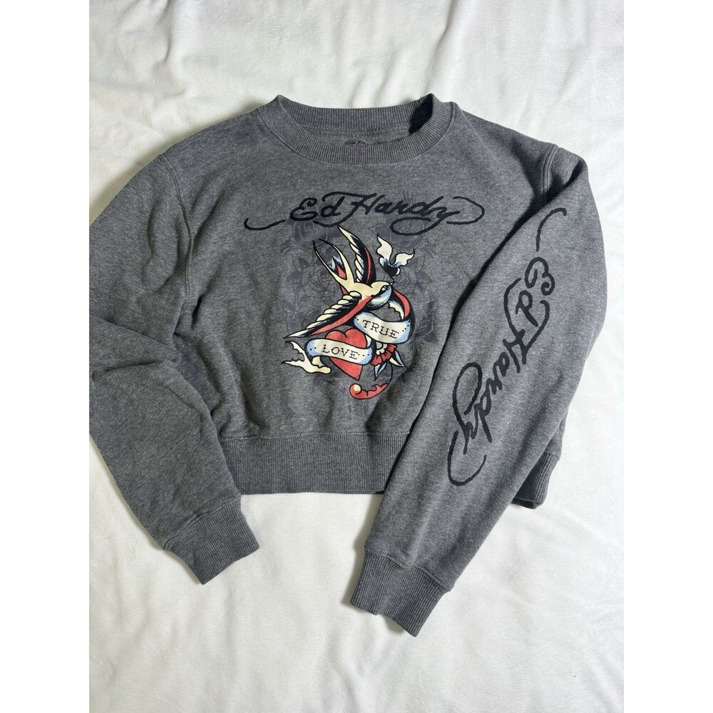 Ed Hardy Women’s Medium Cropped Sweatshirt Graphic Logo Y2K Retro Gray True Love